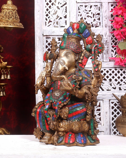 Brass Ganesha Idol antique tone with stonework 16 inch - Budhshiv.com