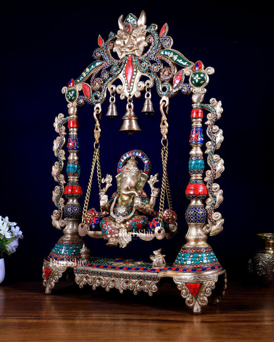 Brass Ganesha idol on a large Swing jhoola - 26 inch - Budhshiv.com