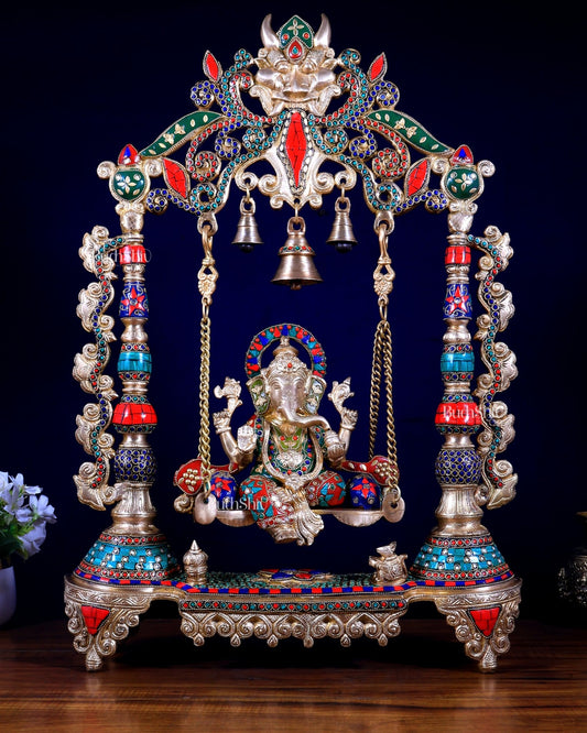 Brass Ganesha idol on a large Swing jhoola - 26 inch - Budhshiv.com