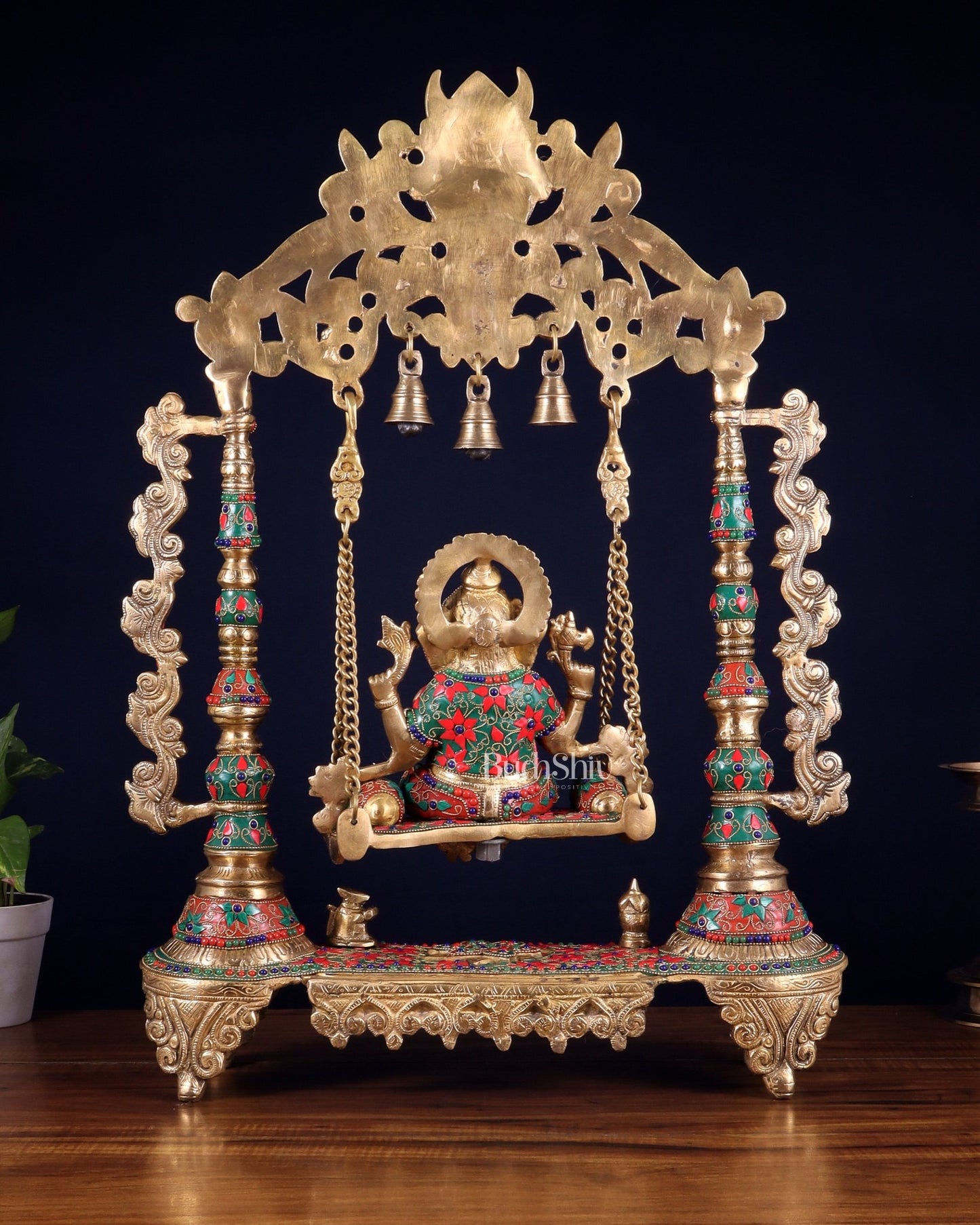 Brass Ganesha idol on large Swing jhoola - 26 inch floral stonework - Budhshiv.com