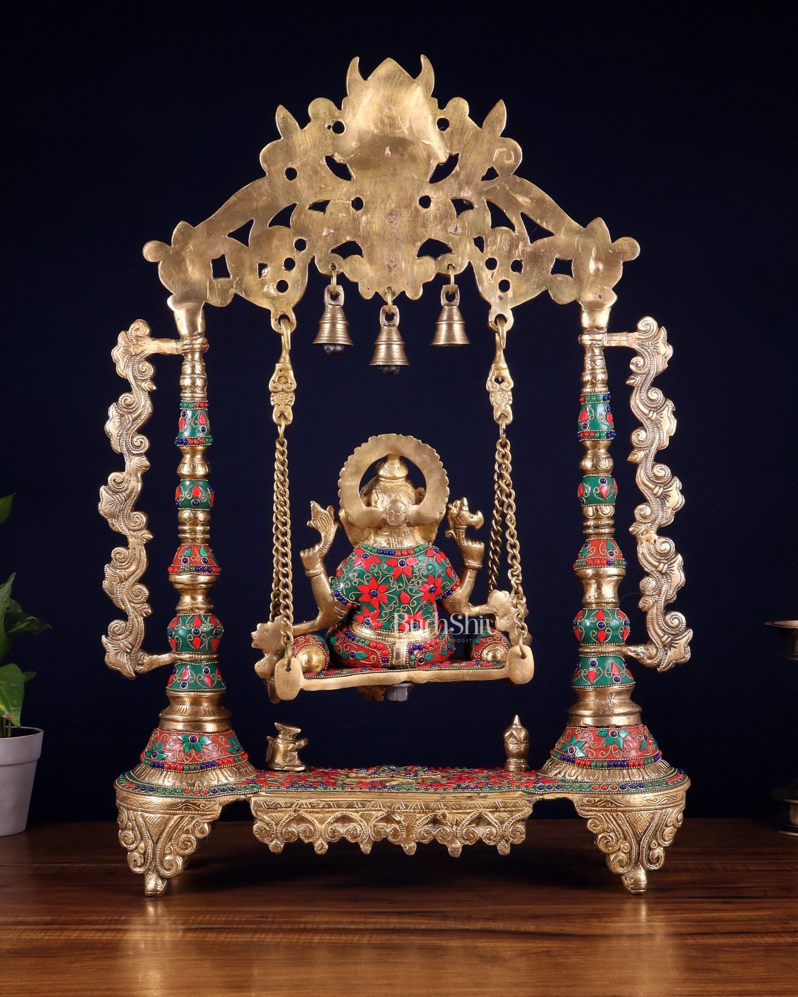 Brass Ganesha idol on large Swing jhoola - 26 inch floral stonework - Budhshiv.com