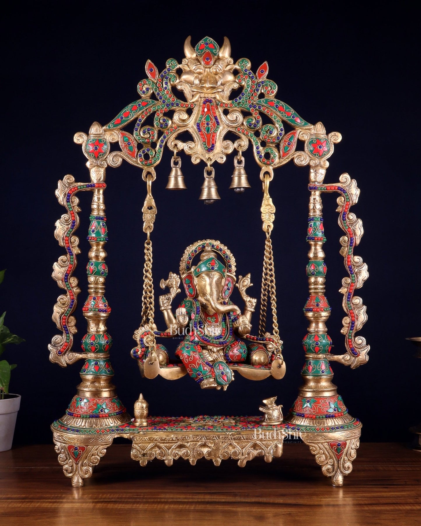 Brass Ganesha idol on large Swing jhoola - 26 inch floral stonework - Budhshiv.com