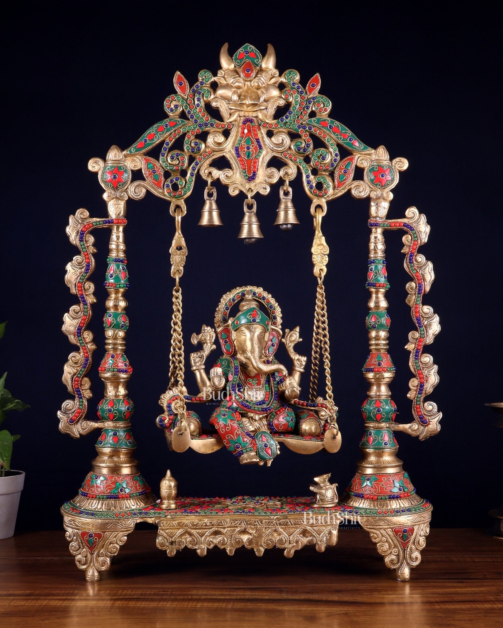 Brass Ganesha idol on large Swing jhoola - 26 inch floral stonework - Budhshiv.com