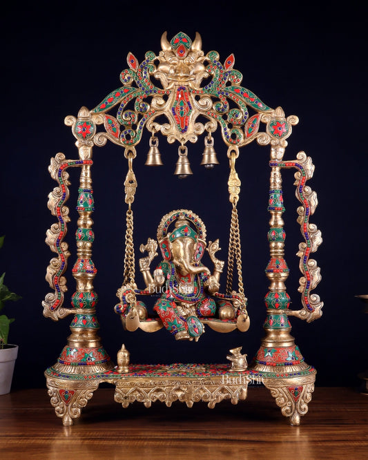 Brass Ganesha idol on large Swing jhoola - 26 inch floral stonework - Budhshiv.com