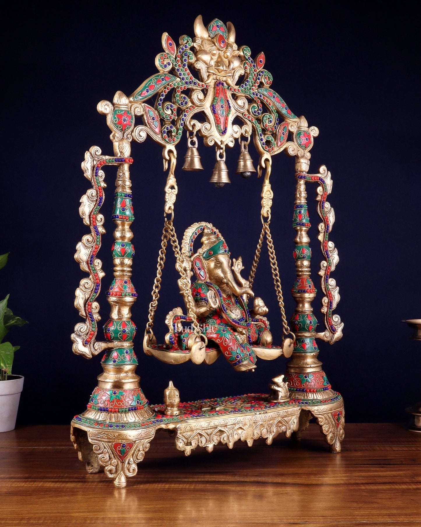 Brass Ganesha idol on large Swing jhoola - 26 inch floral stonework - Budhshiv.com