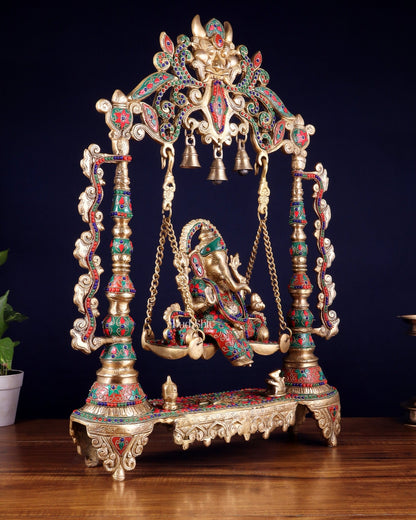 Brass Ganesha idol on large Swing jhoola - 26 inch floral stonework - Budhshiv.com