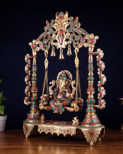 Brass Ganesha idol on large Swing jhoola - 26 inch floral stonework - Budhshiv.com
