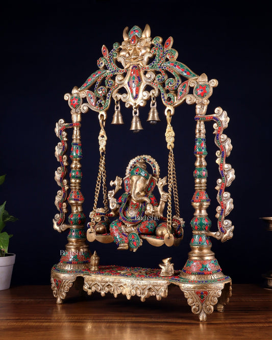 Brass Ganesha idol on large Swing jhoola - 26 inch floral stonework - Budhshiv.com