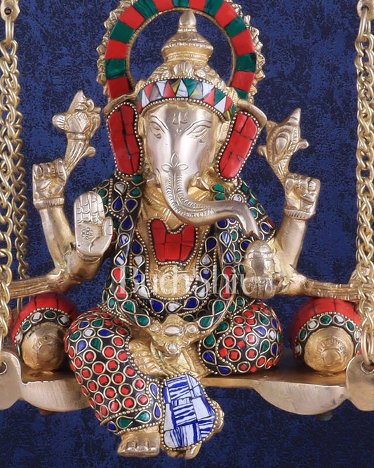Brass Ganesha idol on large Swing jhoola - 26 inch large - Budhshiv.com