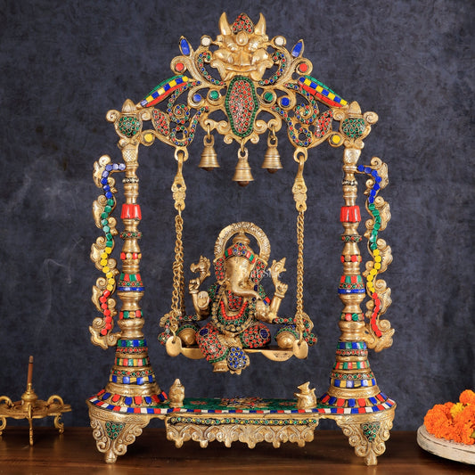Brass Ganesha idol on large Swing jhoola - 26 inch large - Budhshiv.com