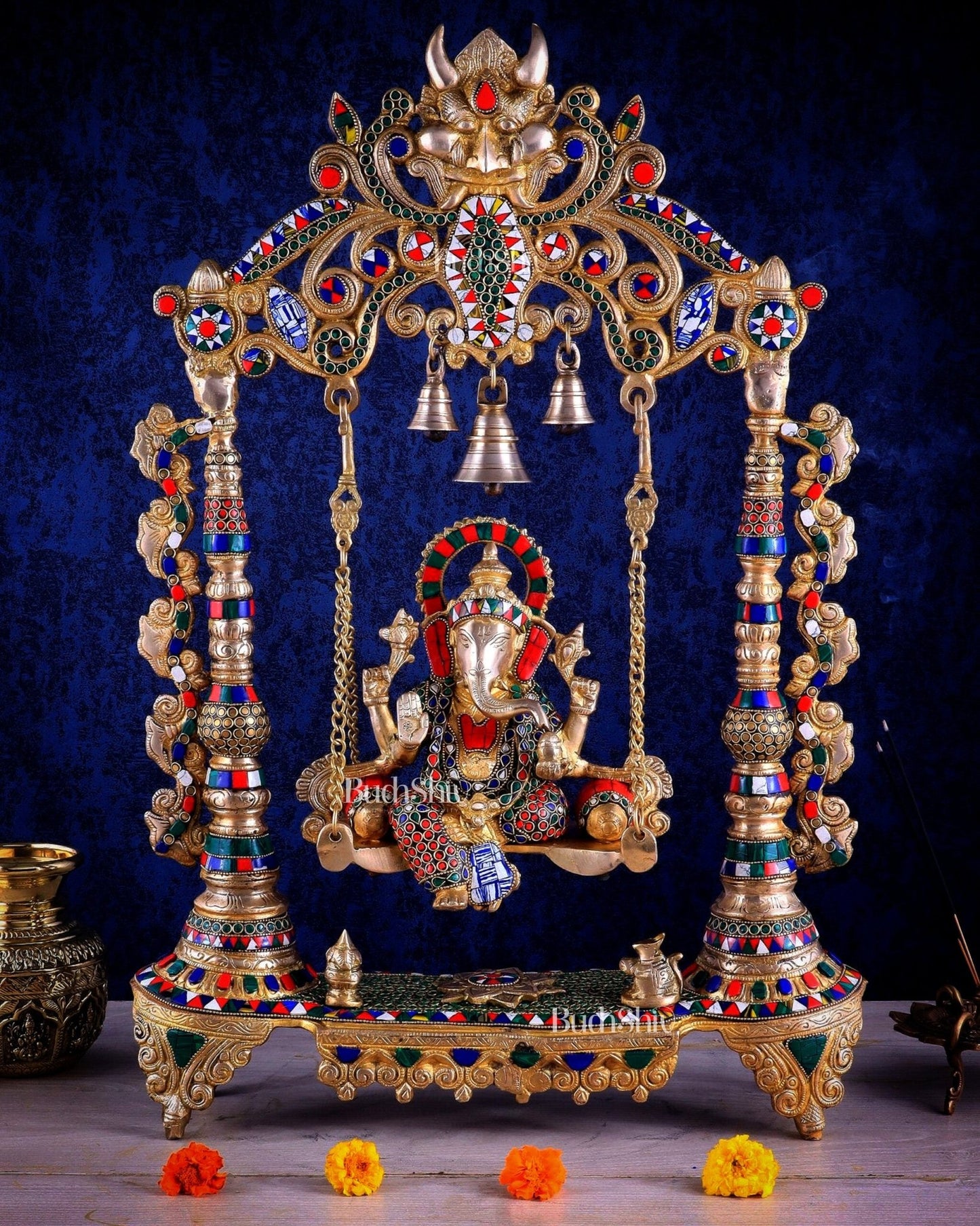 Brass Ganesha idol on large Swing jhoola - 26 inch large - Budhshiv.com