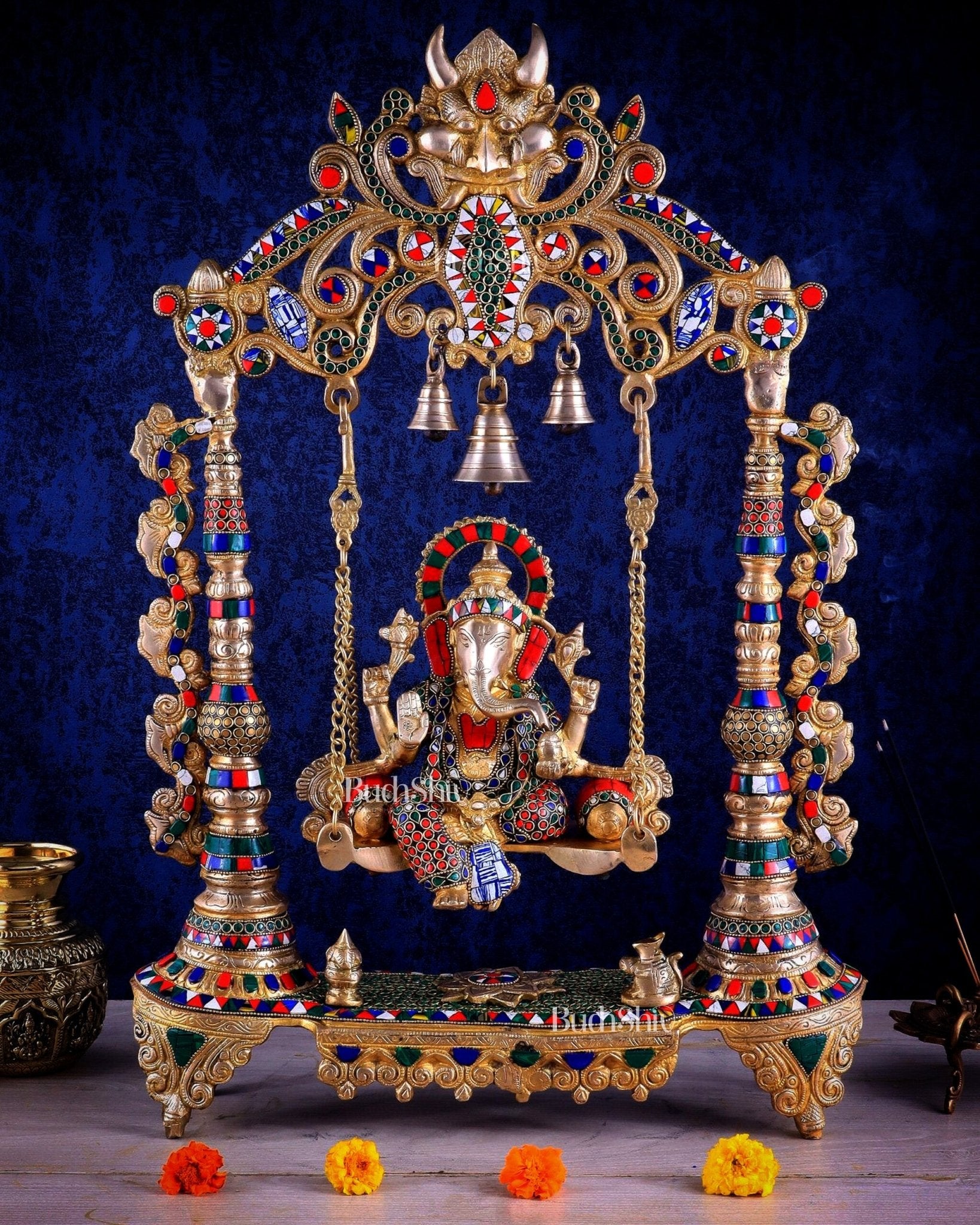 Brass Ganesha idol on large Swing jhoola - 26 inch large - Budhshiv.com