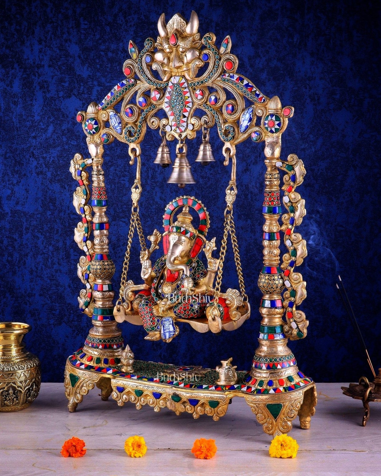 Brass Ganesha idol on large Swing jhoola - 26 inch large - Budhshiv.com