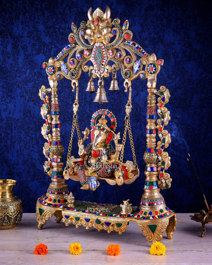 Brass Ganesha idol on large Swing jhoola - 26 inch large - Budhshiv.com