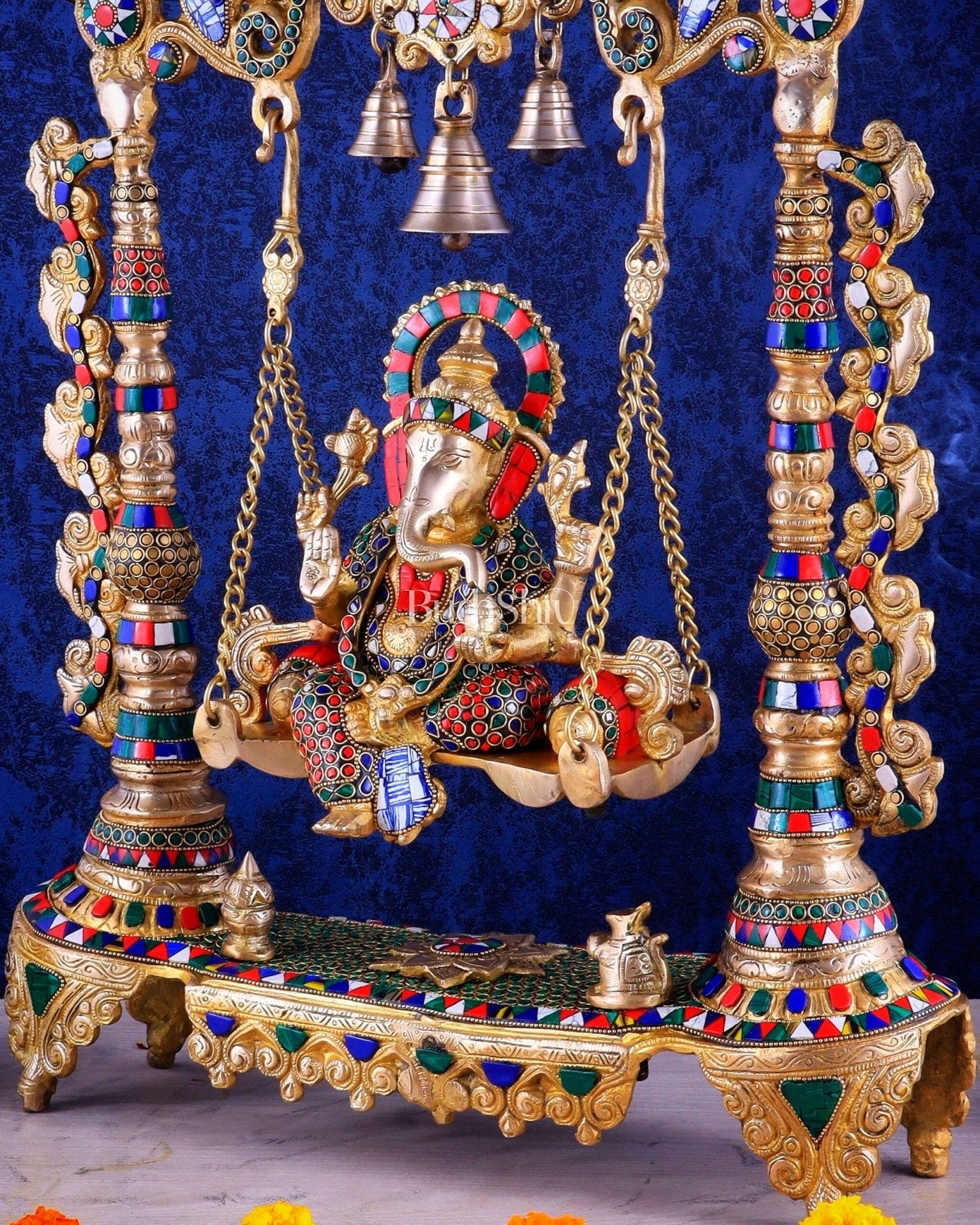 Brass Ganesha idol on large Swing jhoola - 26 inch large - Budhshiv.com