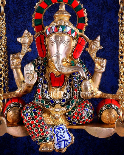 Brass Ganesha idol on large Swing jhoola - 26 inch large - Budhshiv.com