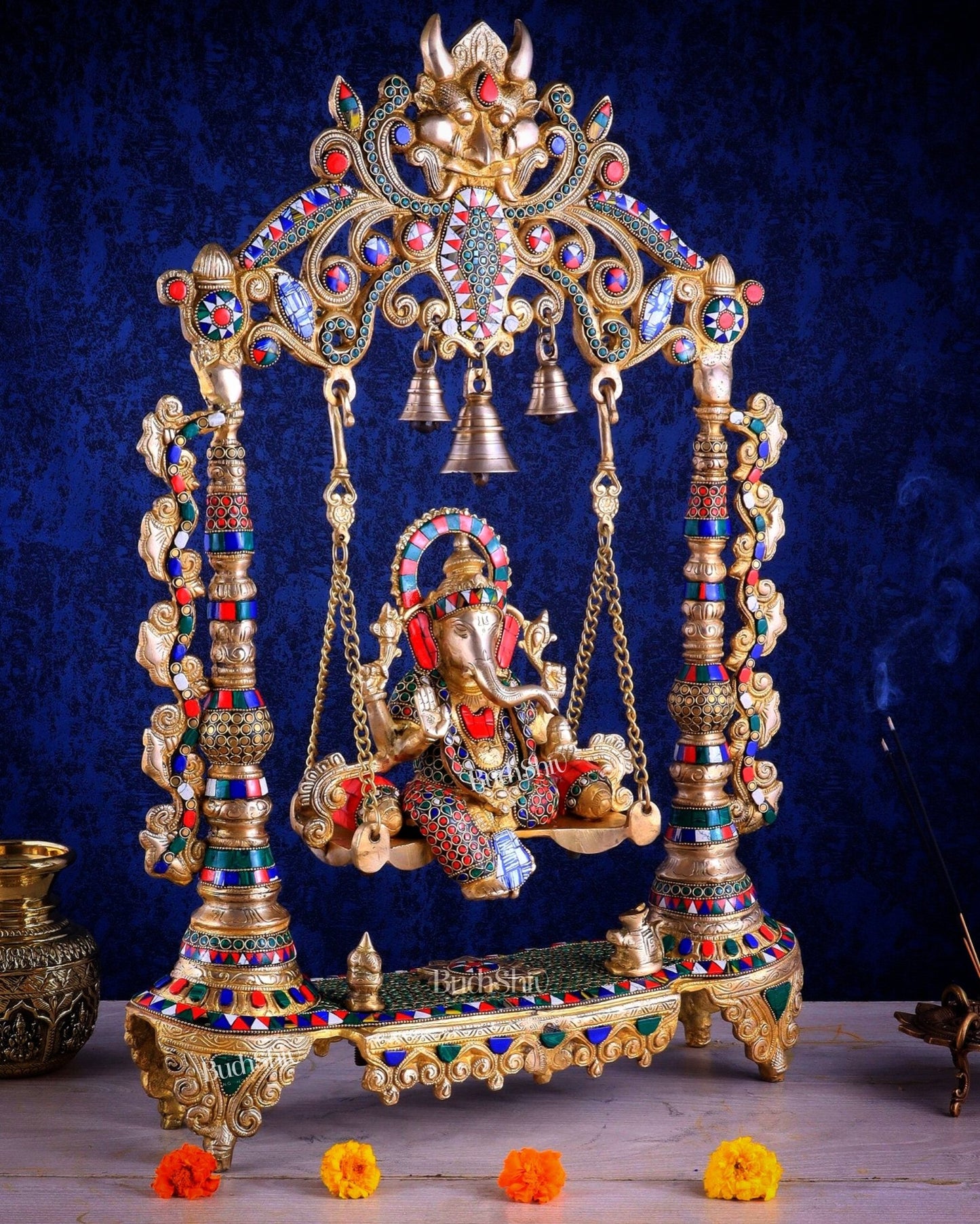 Brass Ganesha idol on large Swing jhoola - 26 inch large - Budhshiv.com
