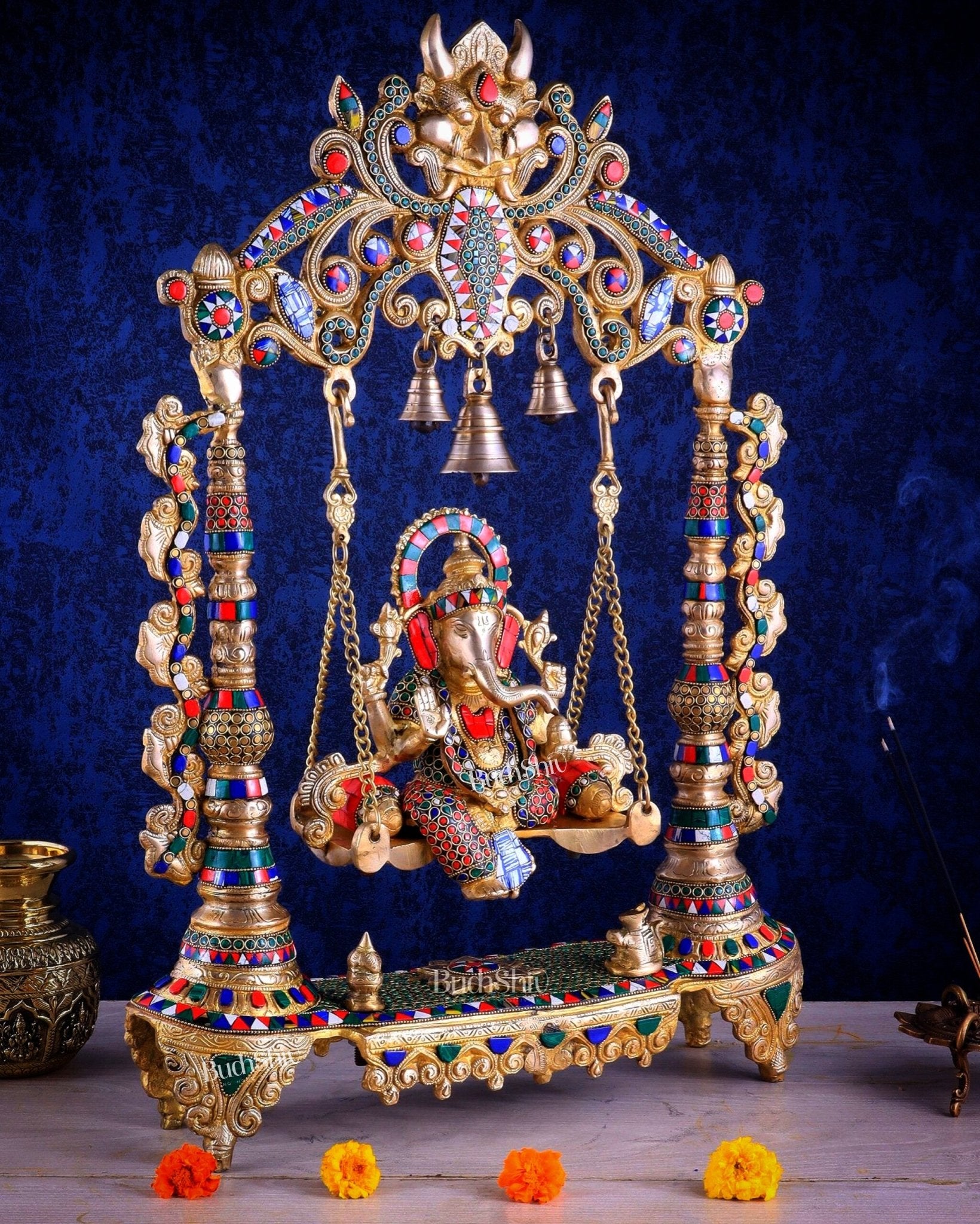 Brass Ganesha idol on large Swing jhoola - 26 inch large - Budhshiv.com