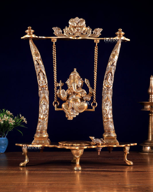 Brass Ganesha Idol on Swing with Pillars Decorated with Ganesha Figures 17 inch - Budhshiv.com