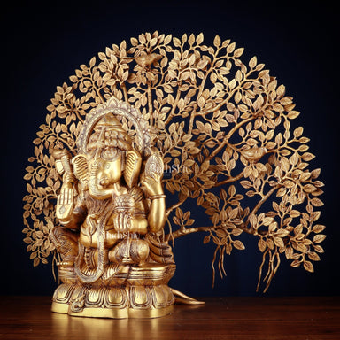 Brass Ganesha Idol Superfine Carvings & Kalpavriksha Tree
