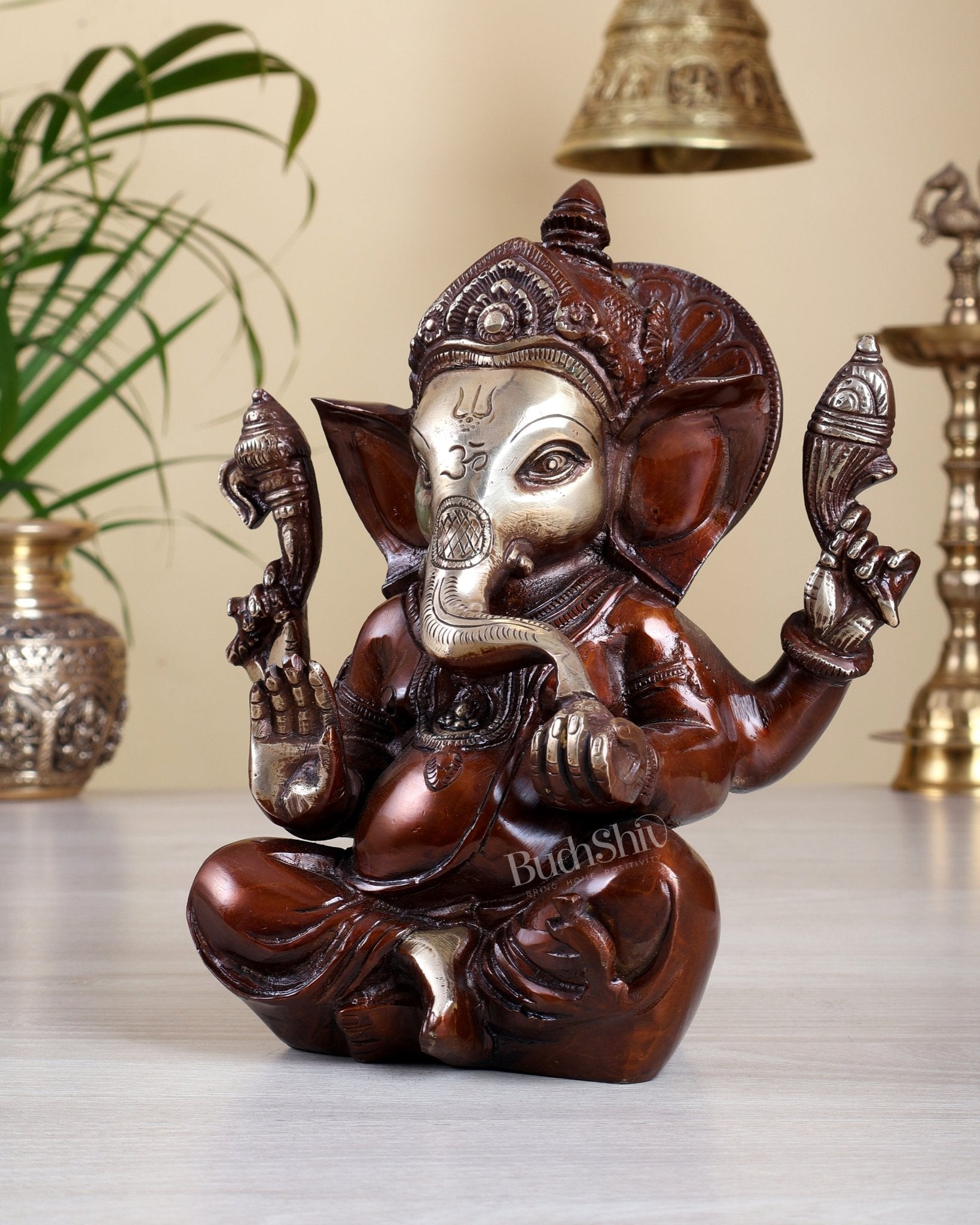 Brass Ganesha Idol with dual tone Sharp Features - 8 Inch - Budhshiv.com