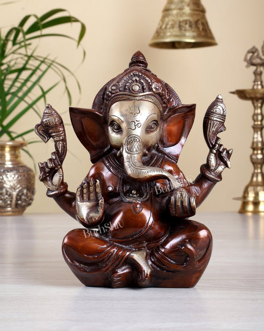 Brass Ganesha Idol with dual tone Sharp Features - 8 Inch - Budhshiv.com