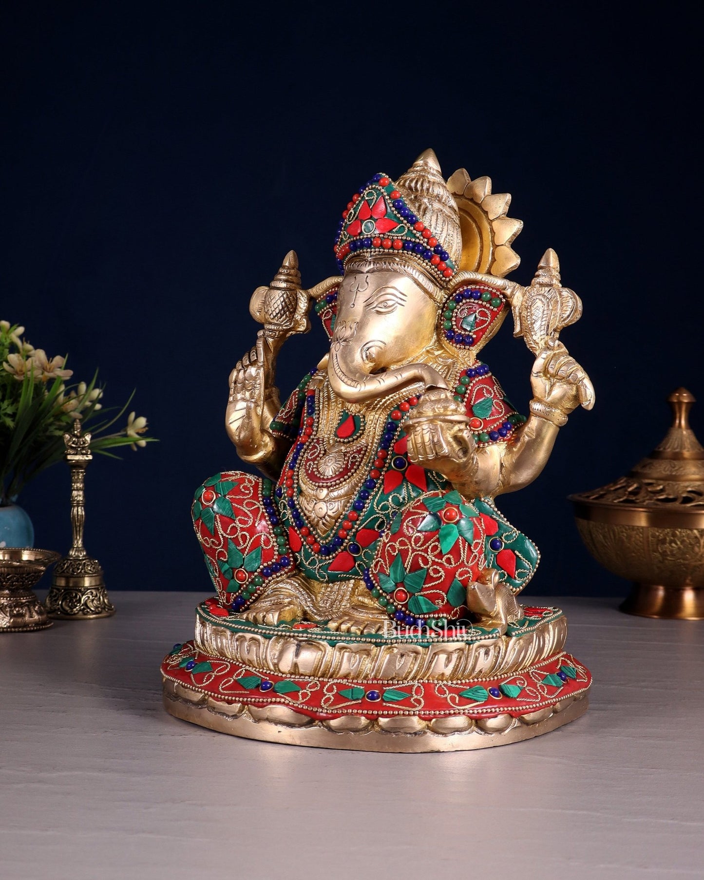 Brass Ganesha Idol with Floral Stonework 10" - Budhshiv.com