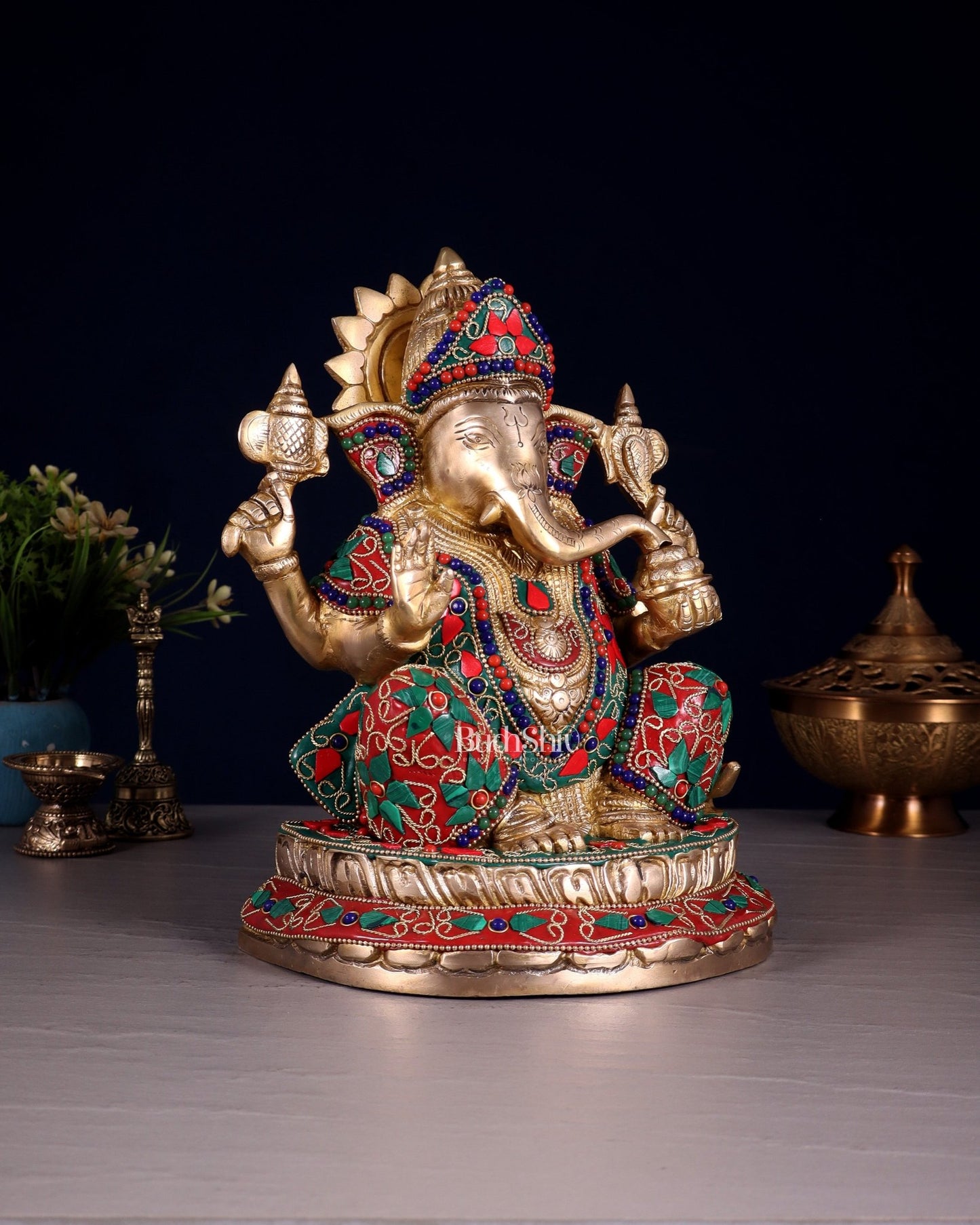 Brass Ganesha Idol with Floral Stonework 10" - Budhshiv.com