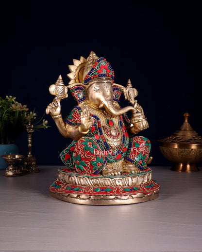Brass Ganesha Idol with Floral Stonework 10" - Budhshiv.com