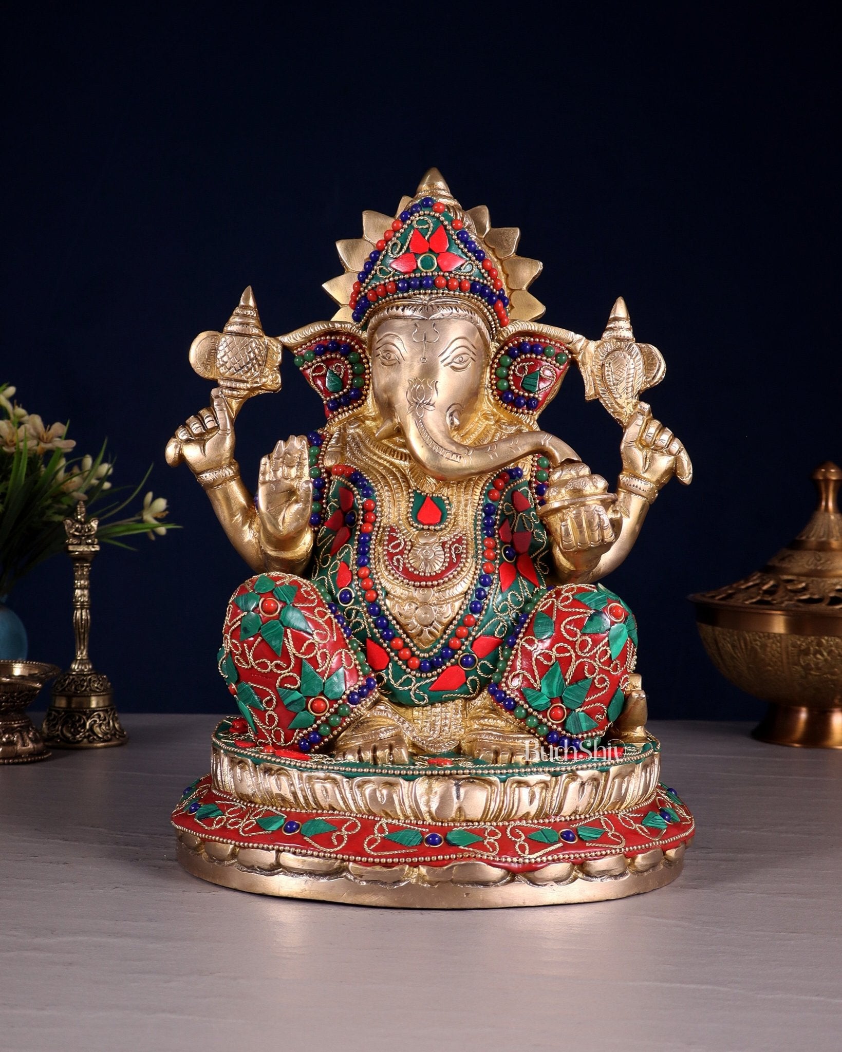 Brass Ganesha Idol with Floral Stonework 10" - Budhshiv.com