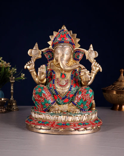 Brass Ganesha Idol with Floral Stonework 10" - Budhshiv.com