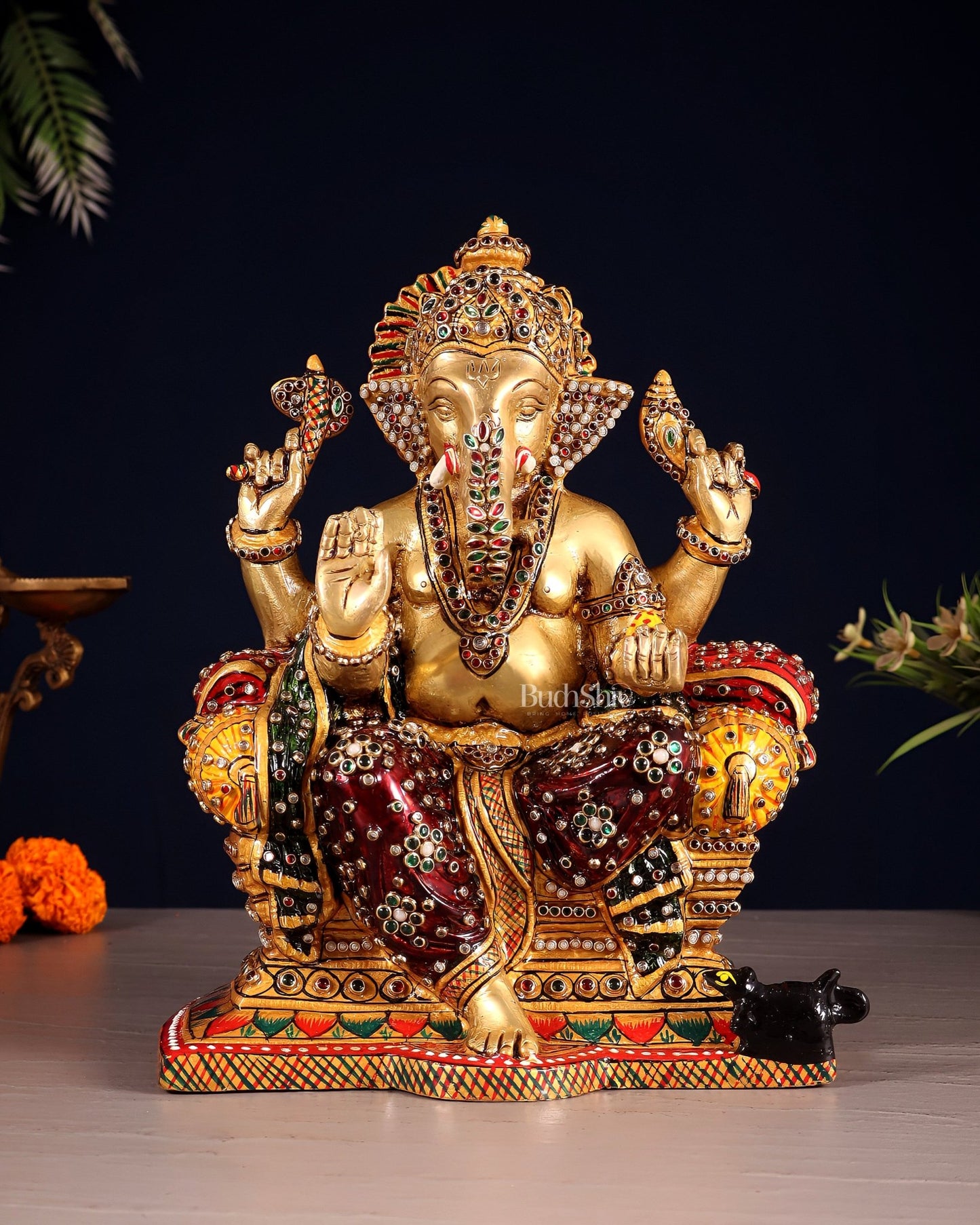 Brass Ganesha Idol with laakh meenakari | 10" Height - Budhshiv.com