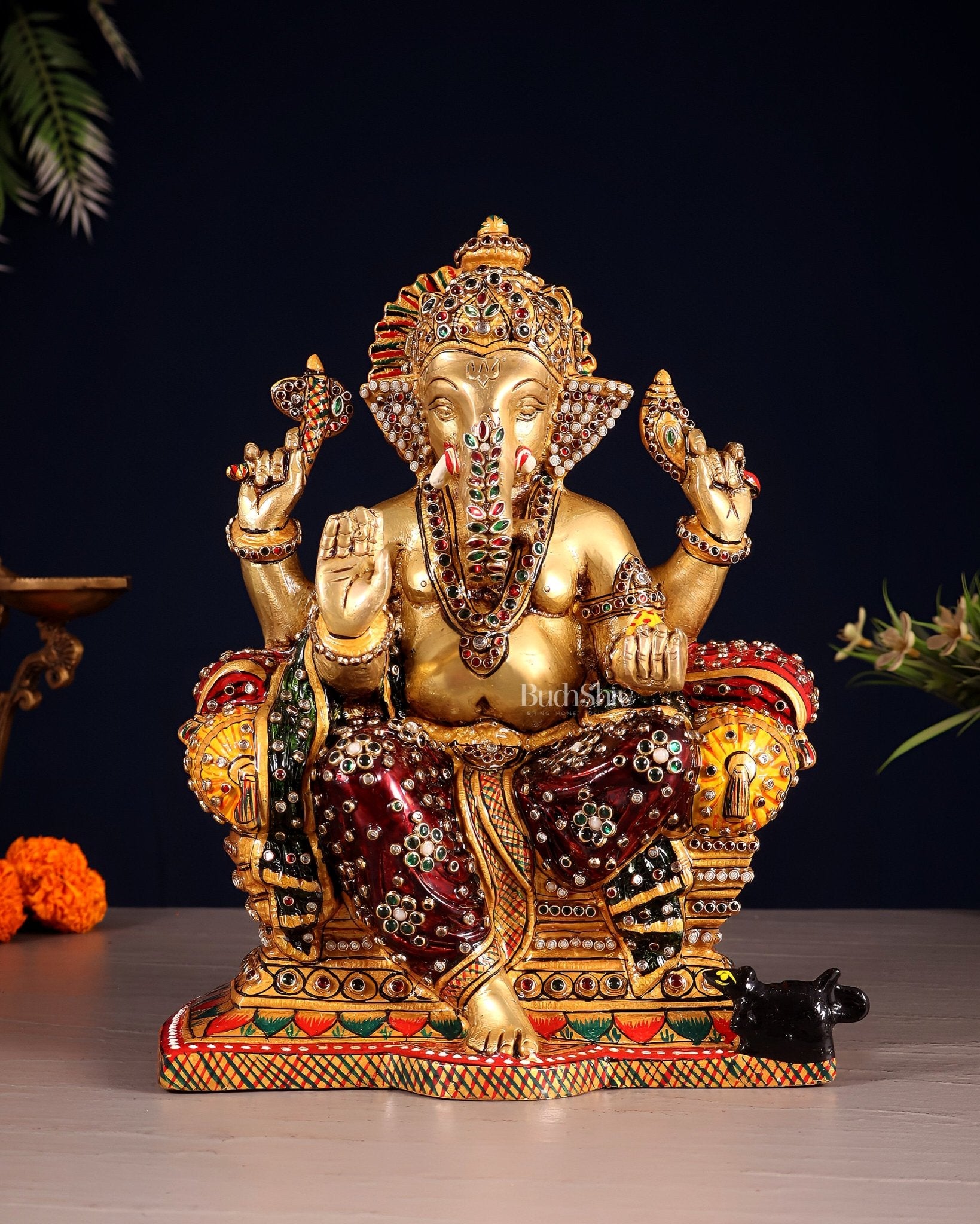 Brass Ganesha Idol with laakh meenakari | 10" Height - Budhshiv.com