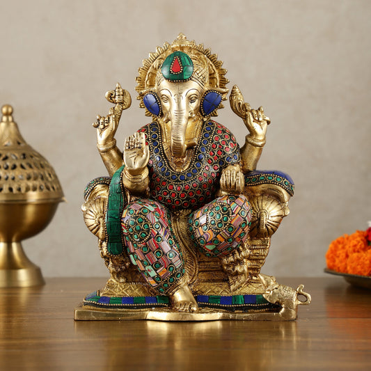 Brass Ganesha Idol with Meenakari Stonework | 10" Height | Vibrant - Budhshiv.com