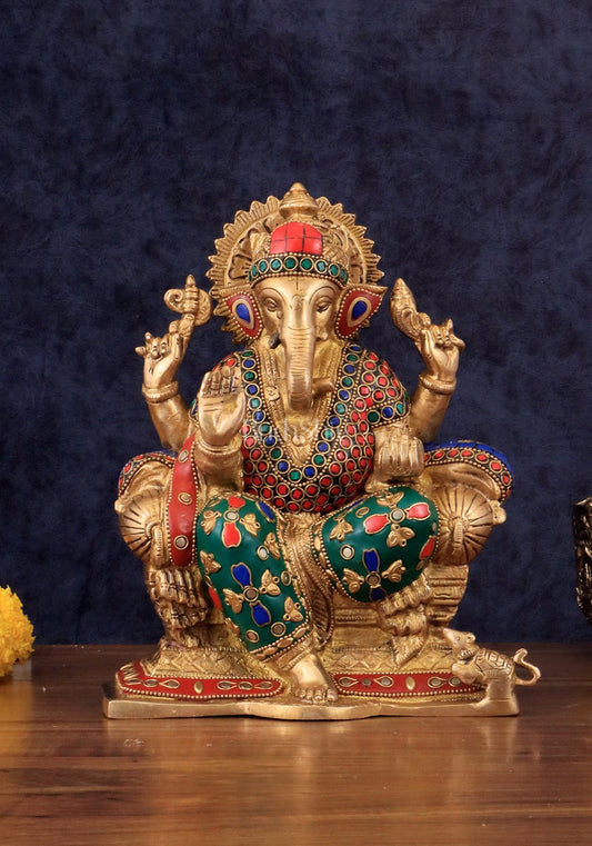 Brass Ganesha Idol with Meenakari Stonework | 10" Height - Budhshiv.com
