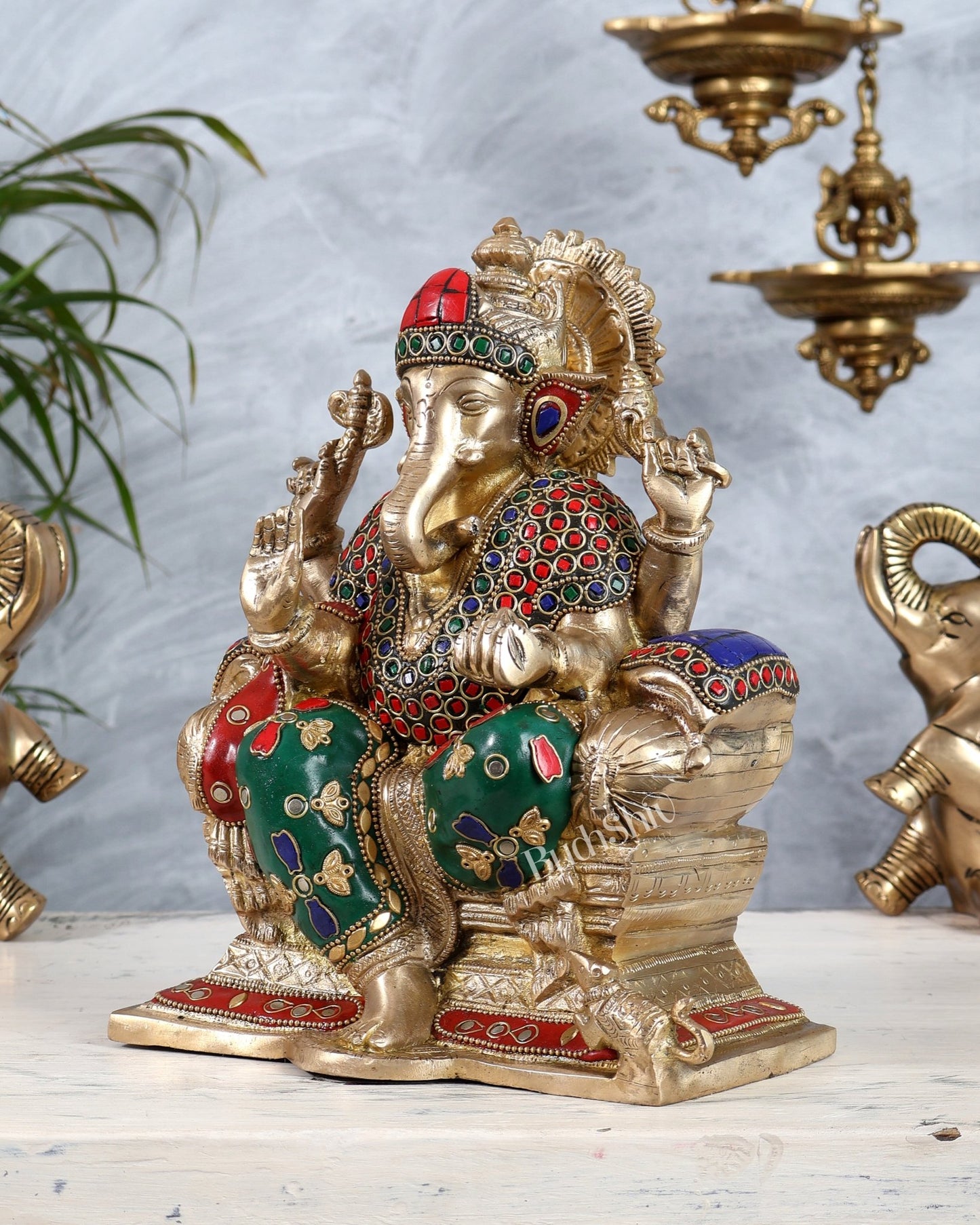 Brass Ganesha Idol with Meenakari Stonework | 10" Height - Budhshiv.com