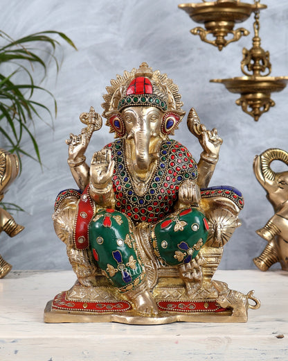 Brass Ganesha Idol with Meenakari Stonework | 10" Height - Budhshiv.com