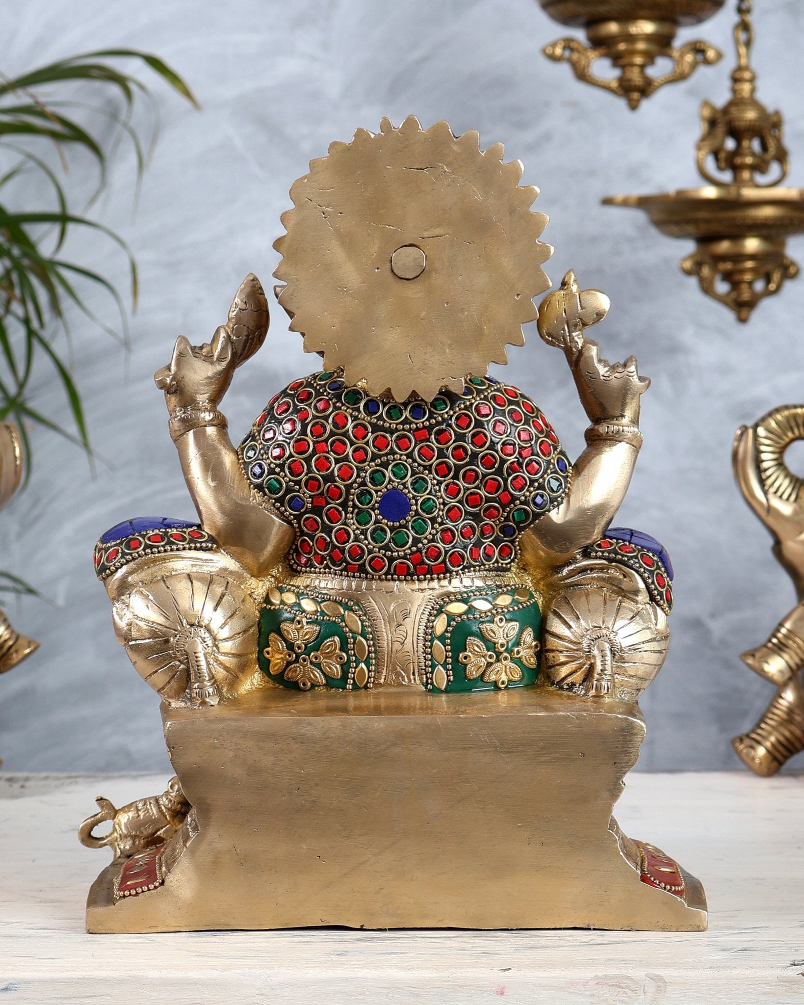 Brass Ganesha Idol with Meenakari Stonework | 10" Height - Budhshiv.com