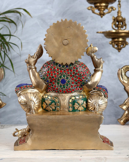 Brass Ganesha Idol with Meenakari Stonework | 10" Height - Budhshiv.com