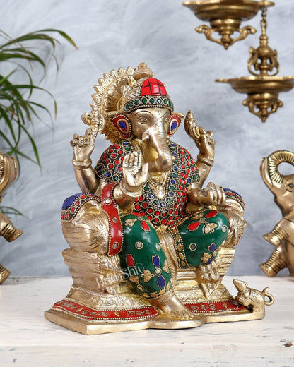 Brass Ganesha Idol with Meenakari Stonework | 10" Height - Budhshiv.com