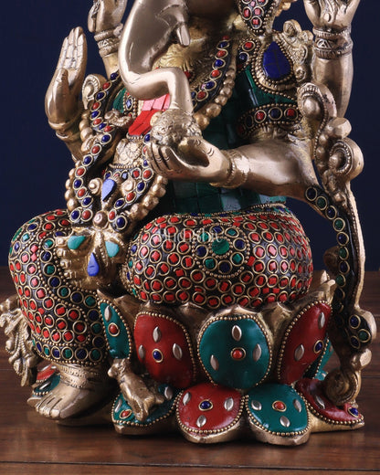 Brass Ganesha Idol with Meenakari Stonework - 12" - Budhshiv.com