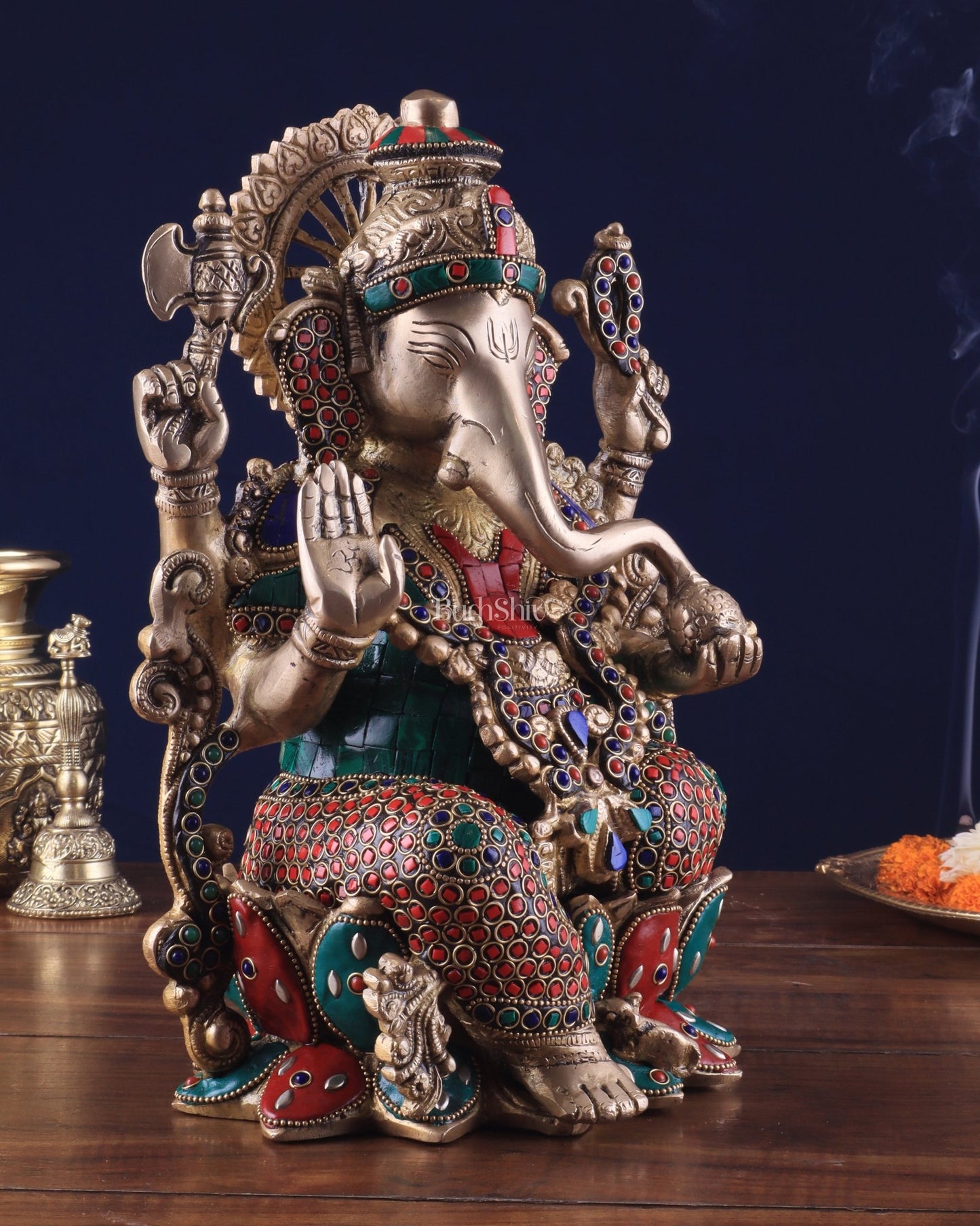 Brass Ganesha Idol with Meenakari Stonework - 12" - Budhshiv.com