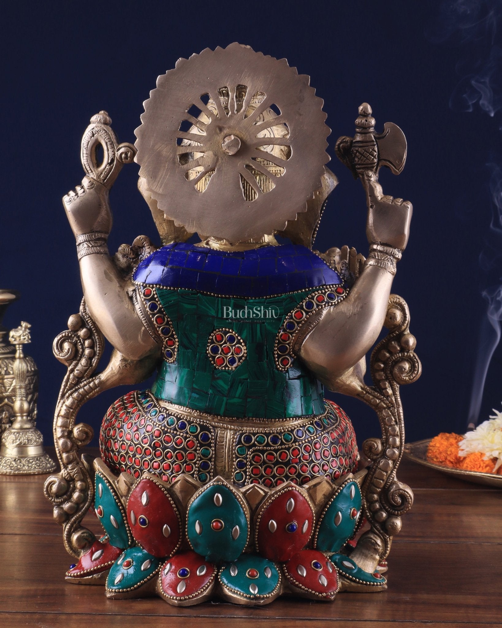 Brass Ganesha Idol with Meenakari Stonework - 12" - Budhshiv.com