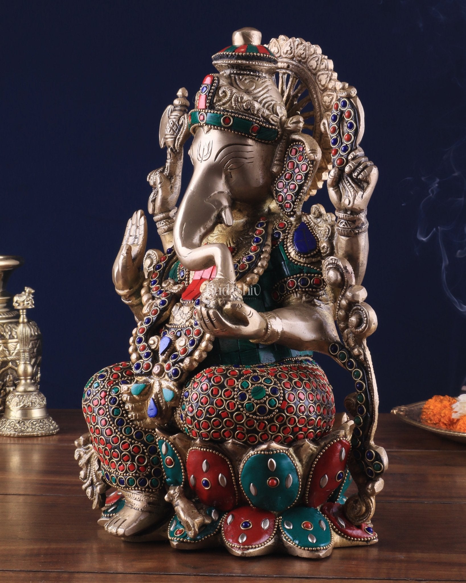 Brass Ganesha Idol with Meenakari Stonework - 12" - Budhshiv.com