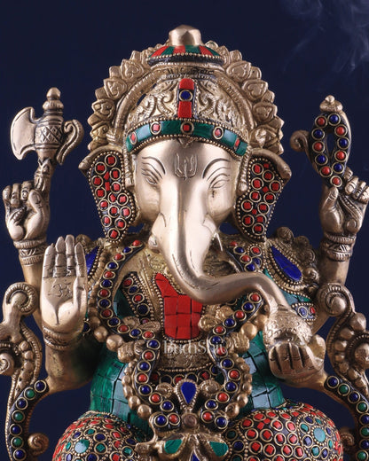 Brass Ganesha Idol with Meenakari Stonework - 12" - Budhshiv.com