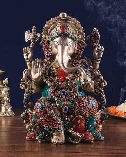 Brass Ganesha Idol with Meenakari Stonework - 12" - Budhshiv.com