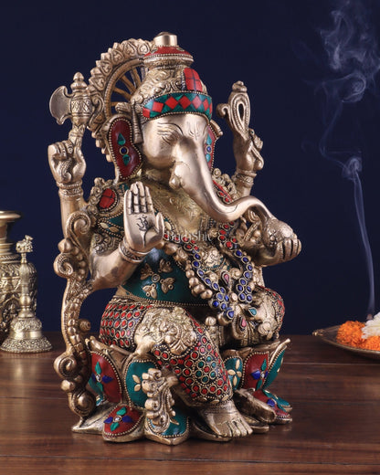 Brass Ganesha Idol with Meenakari Stonework - 12" - Budhshiv.com