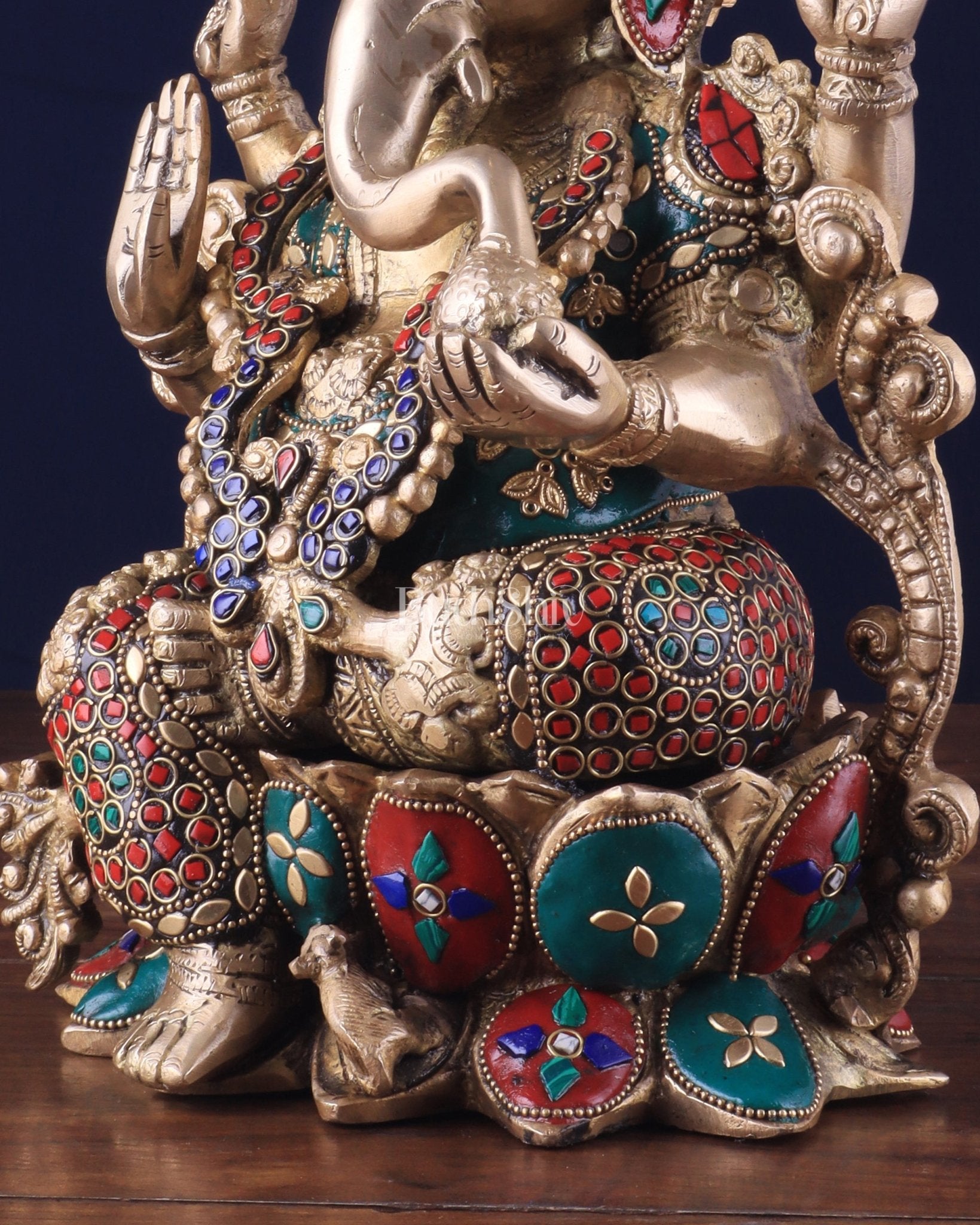 Brass Ganesha Idol with Meenakari Stonework - 12" - Budhshiv.com