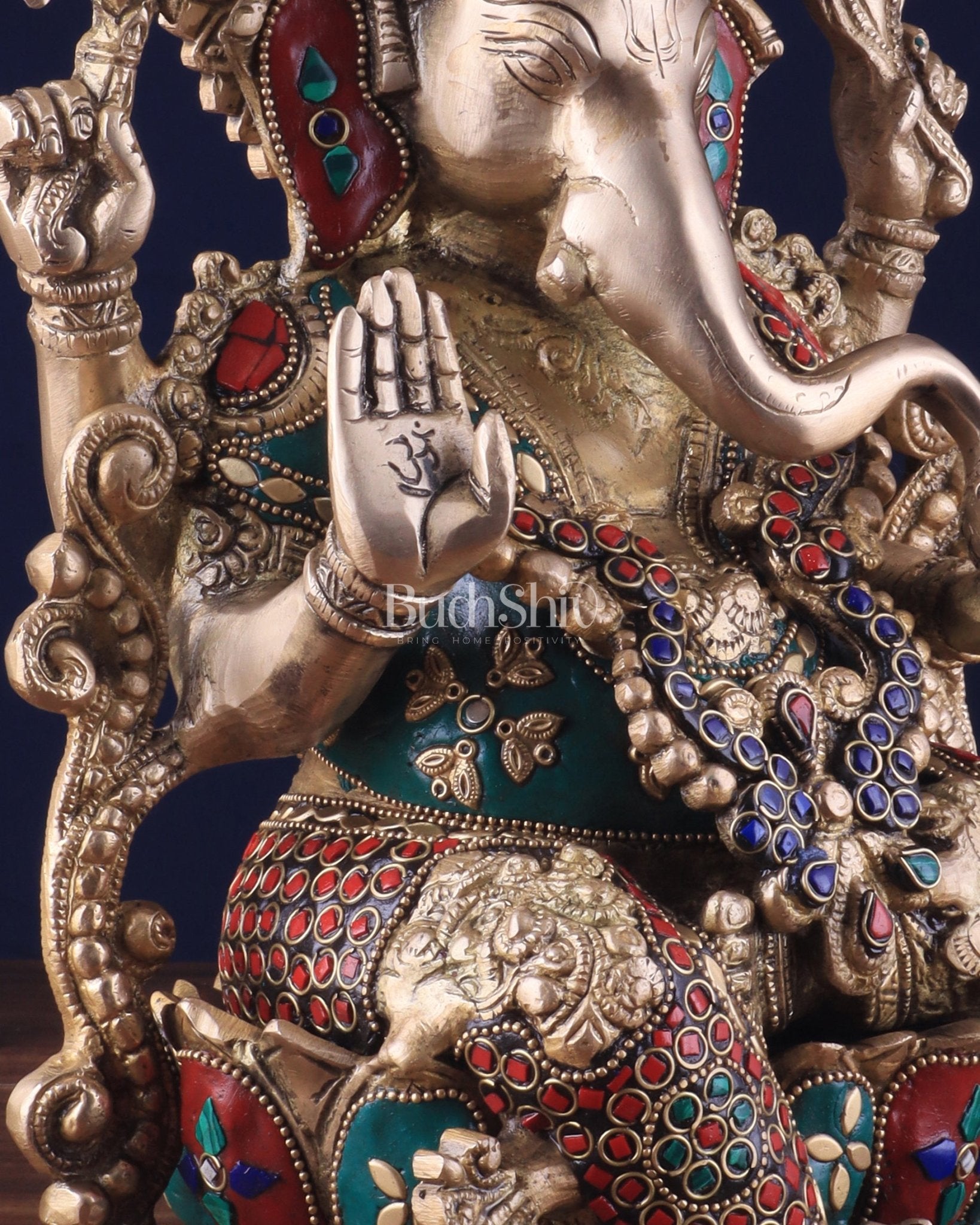 Brass Ganesha Idol with Meenakari Stonework - 12" - Budhshiv.com