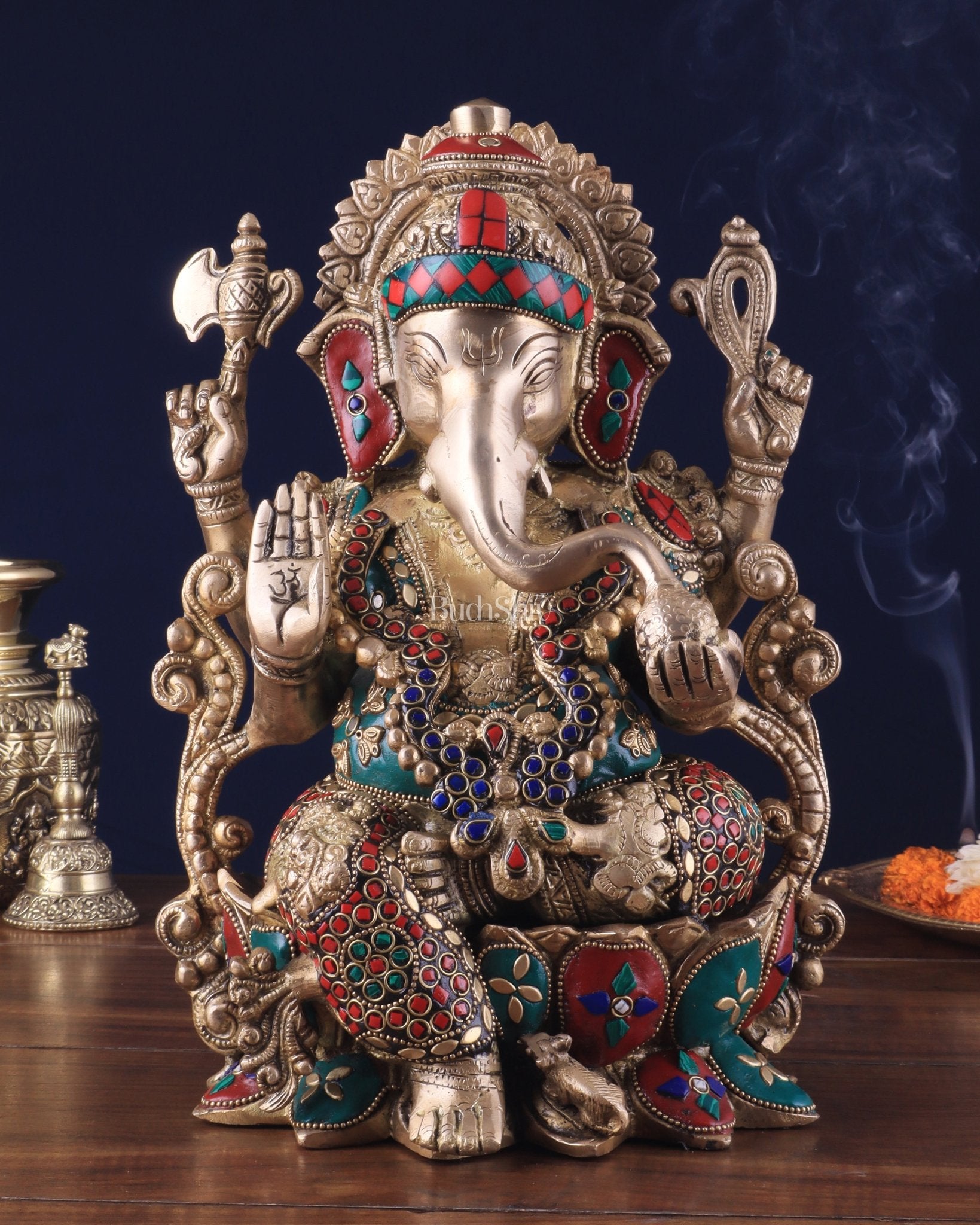 Brass Ganesha Idol with Meenakari Stonework - 12" - Budhshiv.com